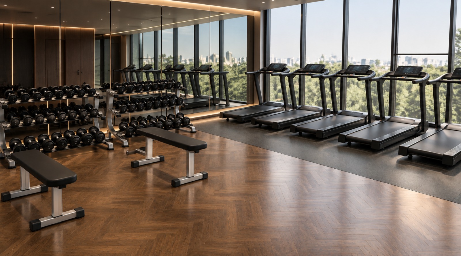 Treadmills and dumbbell racks at FitFlix Kompally